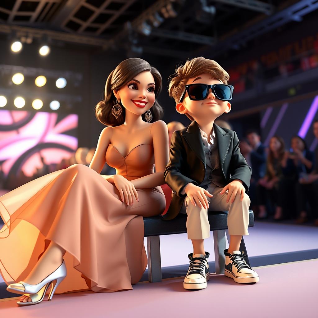 A glamorous moment depicted in Disney Pixar style showcasing a 35-year-old mom and her trendy 10-year-old son attending a vibrant fashion show