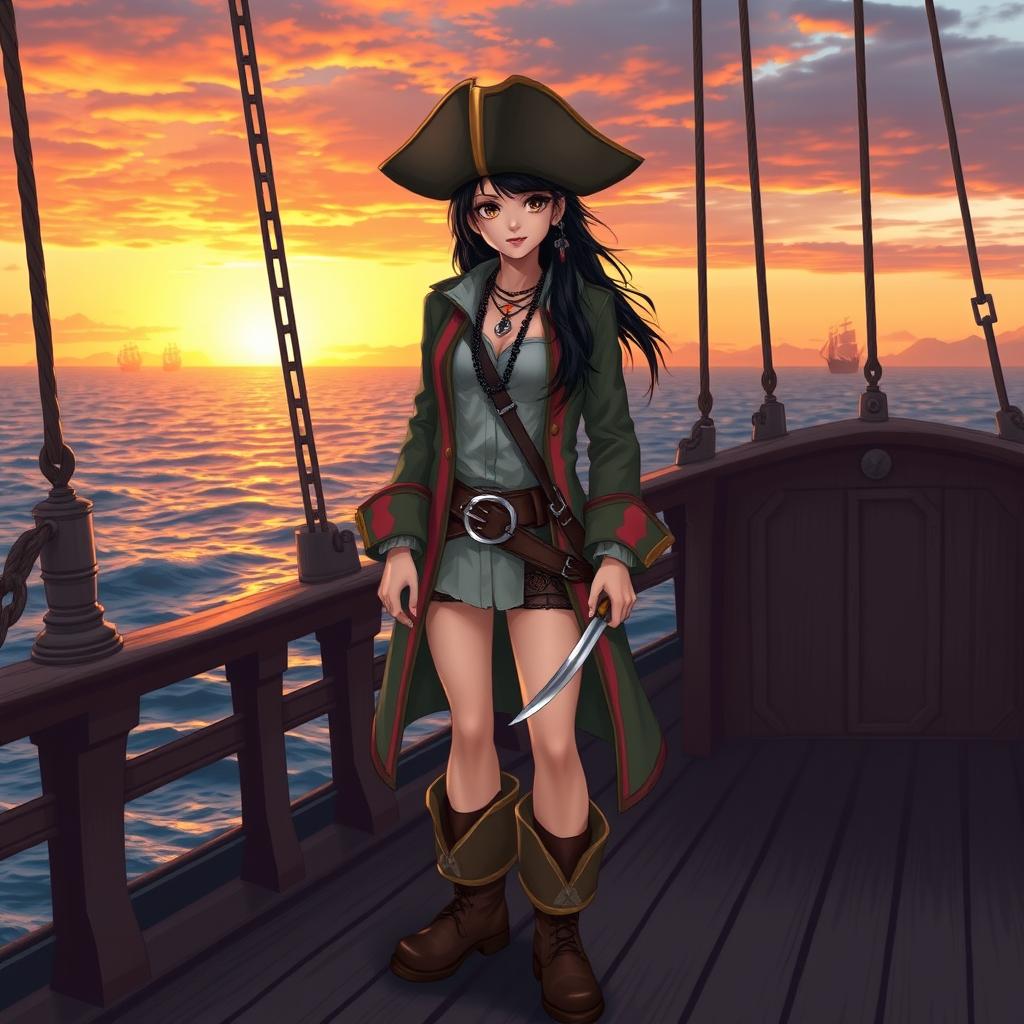 A striking pirate girl with long black hair, standing confidently on the deck of an old ship