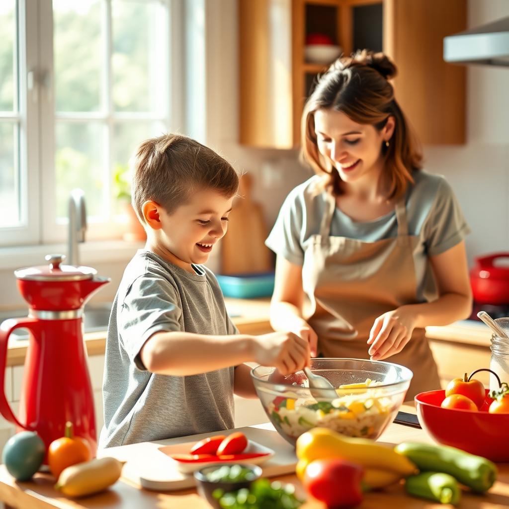 A warm and inviting kitchen scene featuring a mother and her young son cooking together