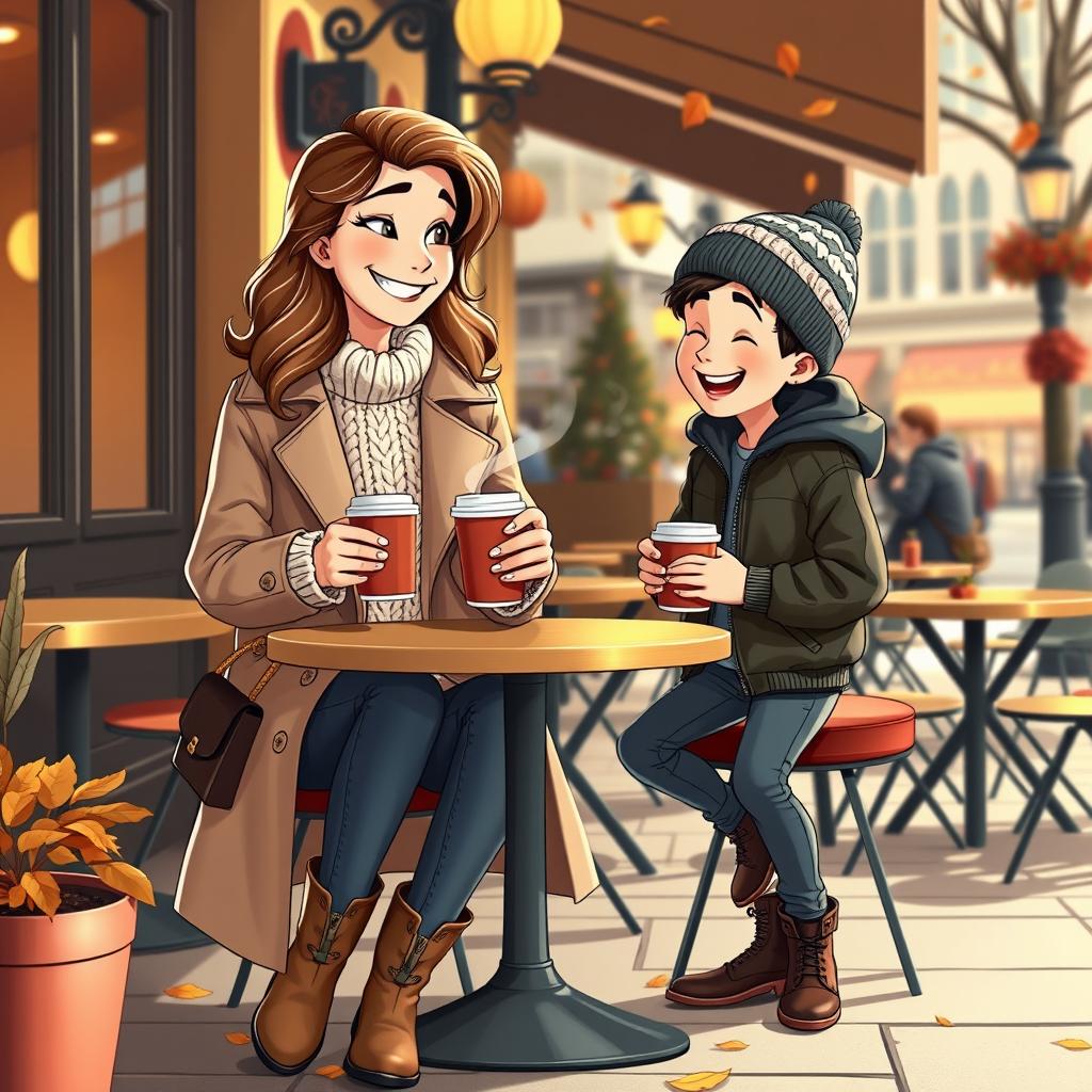 A cozy-chic scene depicted in Disney Pixar style featuring a 35-year-old mom and her trendy 10-year-old son enjoying coffee and hot chocolate at a stylish outdoor café