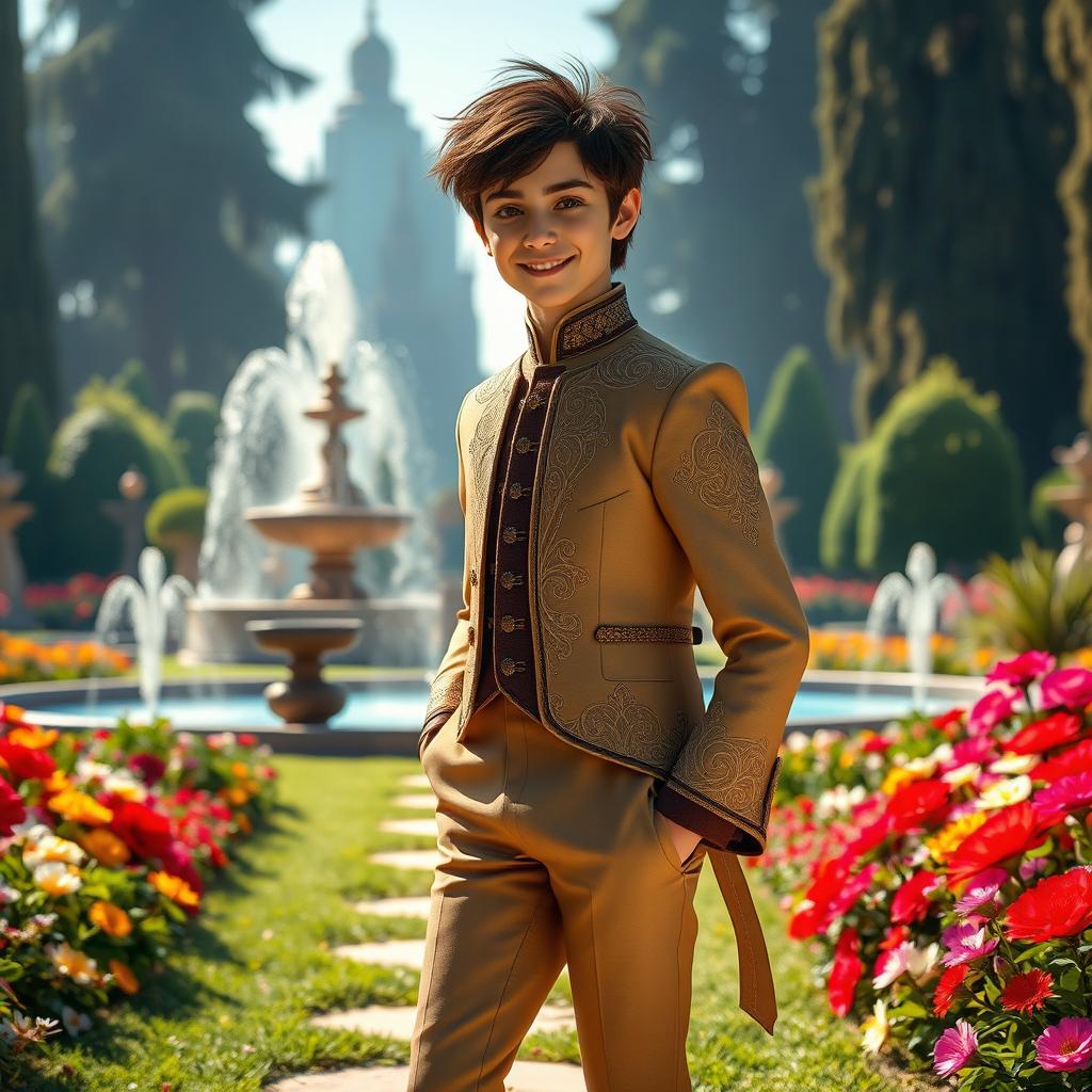 A captivating and charming prince standing in an enchanting royal garden