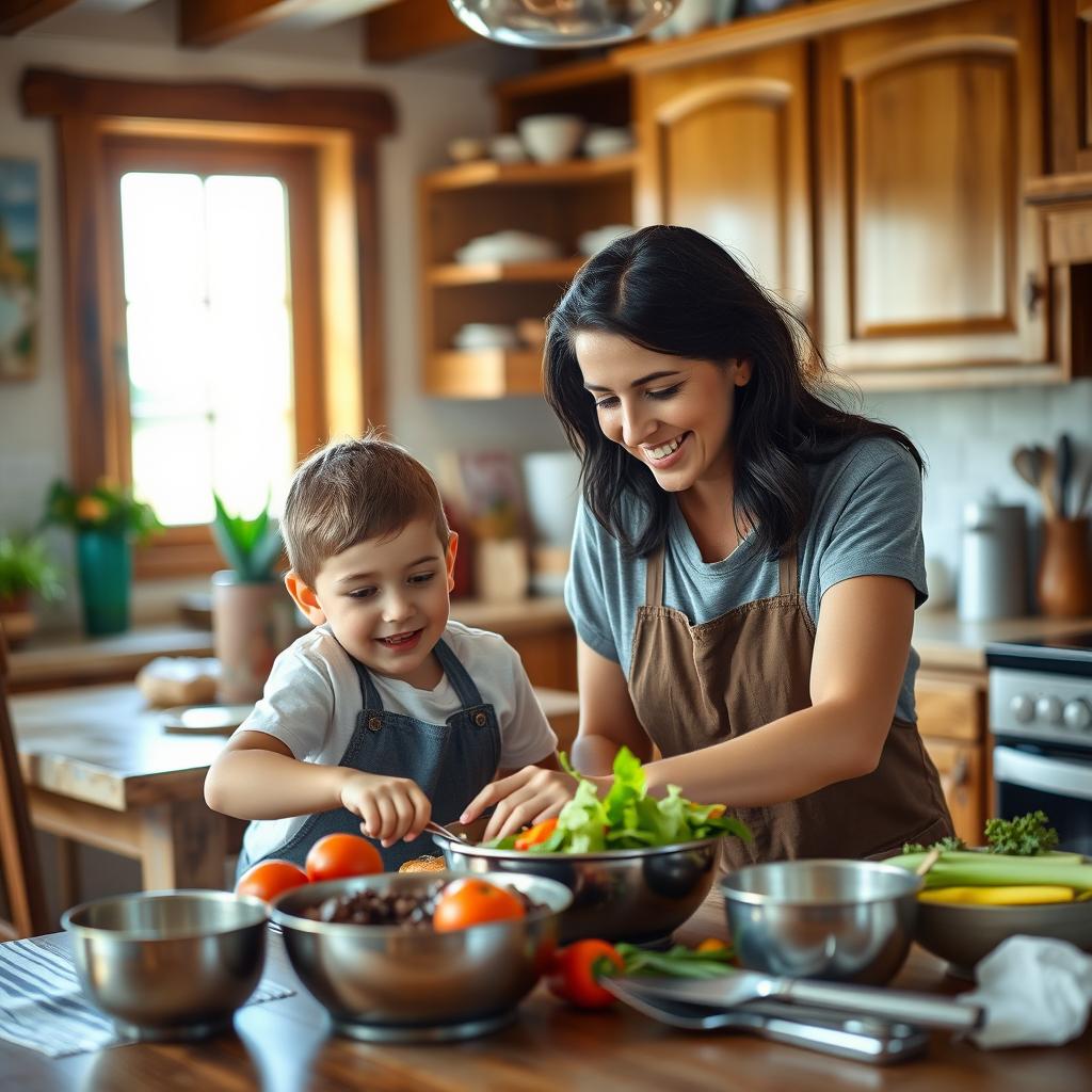 A cozy and warm kitchen scene featuring a mother and her young son