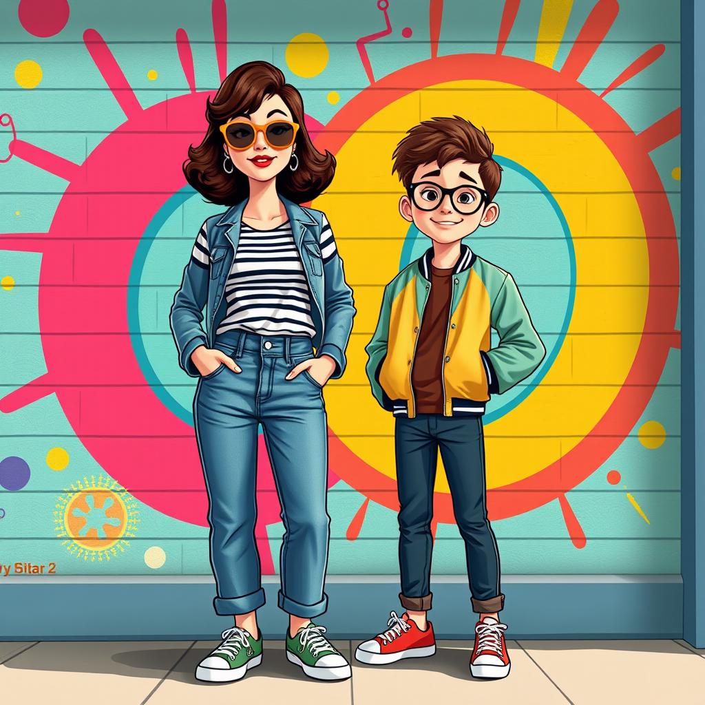 A stylish illustration in Disney Pixar style showcasing a 35-year-old mom and her 10-year-old son dressed in matching retro fashion