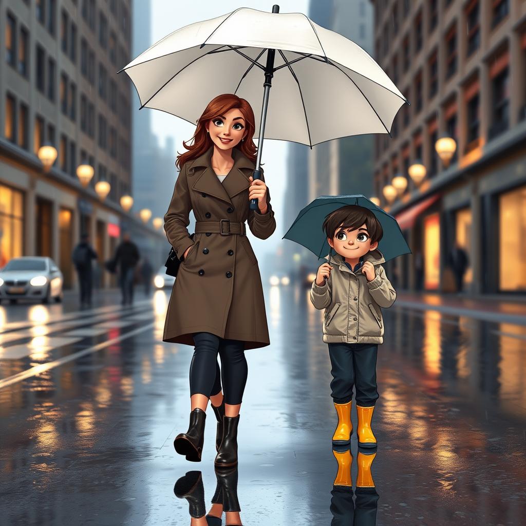 A delightful Disney Pixar-style illustration showcasing a fashionable 35-year-old mom and her stylish 10-year-old son walking together under a large umbrella on a rainy city street