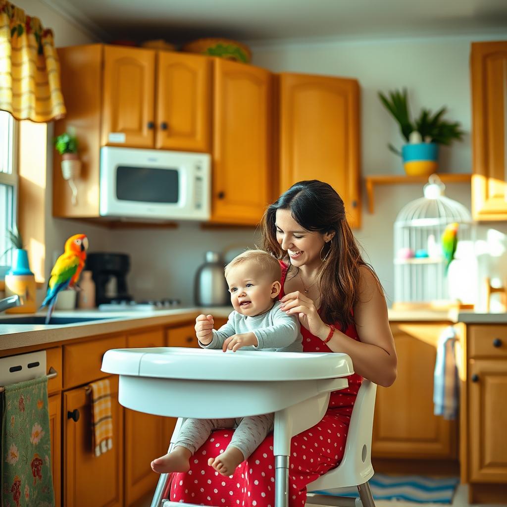 A cozy kitchen scene featuring a mother and her young child sitting in a high chair, surrounded by warm wooden cabinets and colorful kitchen decor