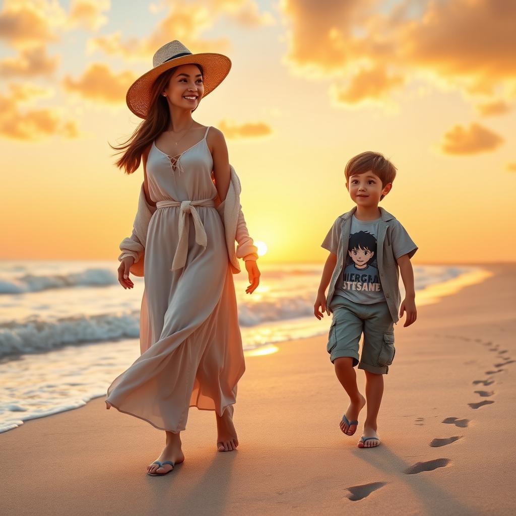 A heartwarming Disney Pixar-style image capturing a casually stylish 35-year-old mom and her trendy 10-year-old son walking barefoot along the beach during a beautiful sunset
