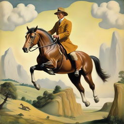 A humorous scene depicting a confident horse expertly riding a bemused man in a surreal landscape.