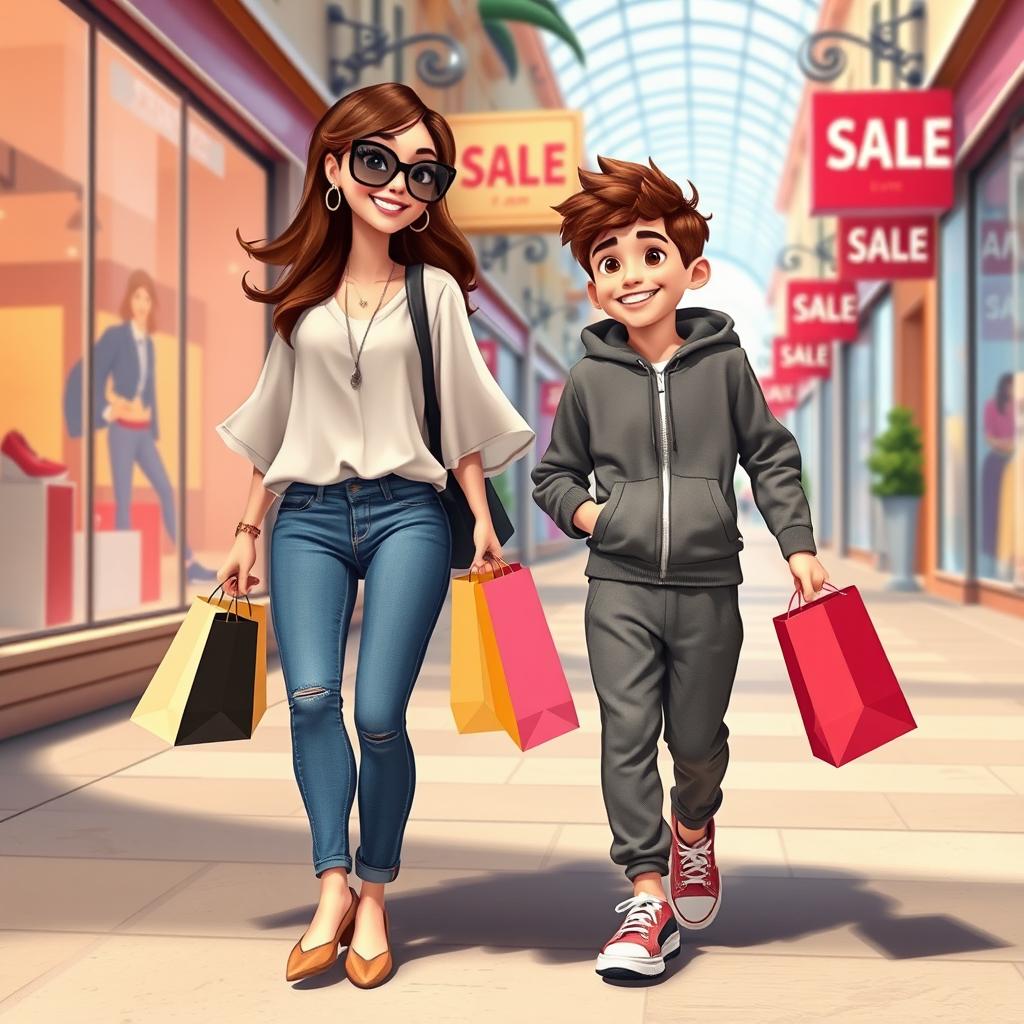 A cheerful Disney Pixar-style scene depicting a 35-year-old mom and her stylish 10-year-old son walking through a vibrant, animated shopping district, both holding shopping bags filled with exciting finds