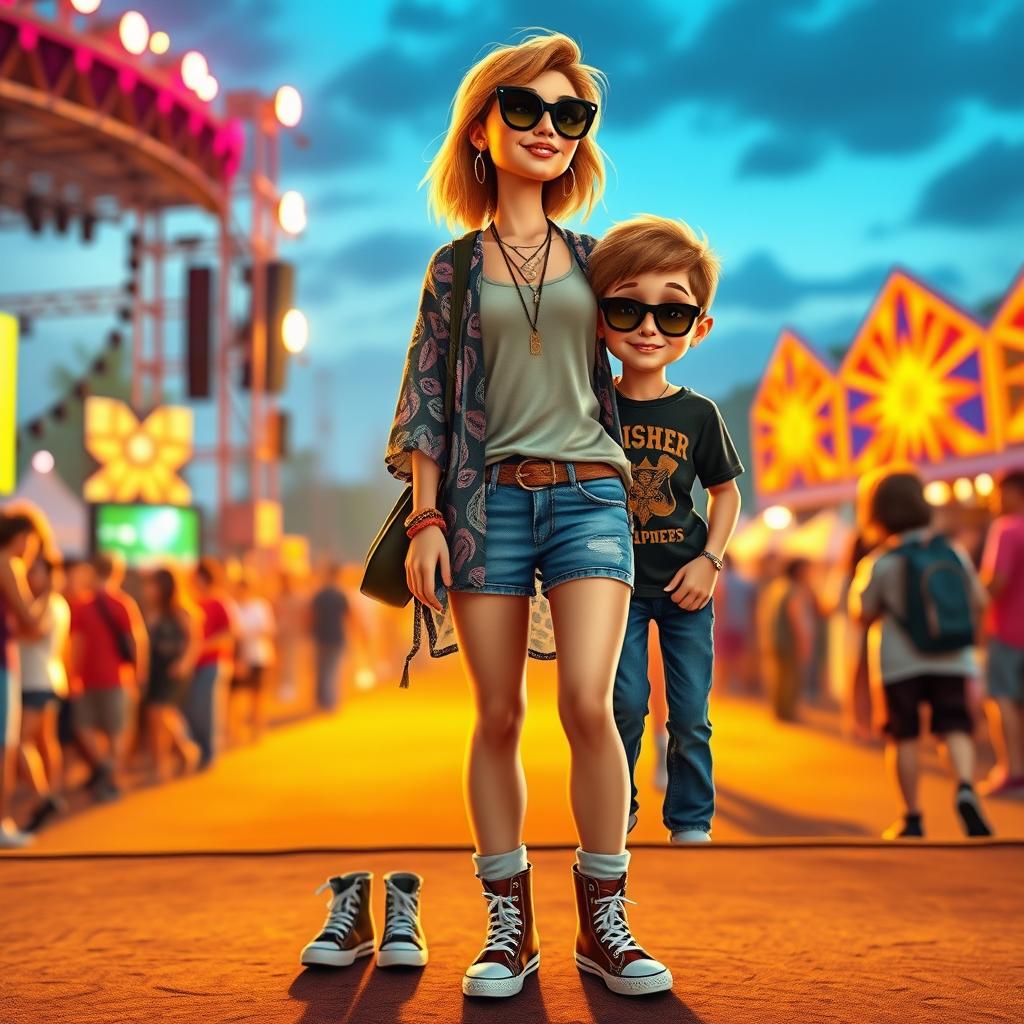A cool Disney Pixar-style depiction of a vibrant outdoor music festival featuring a fashionable 35-year-old mom and her stylish 10-year-old son