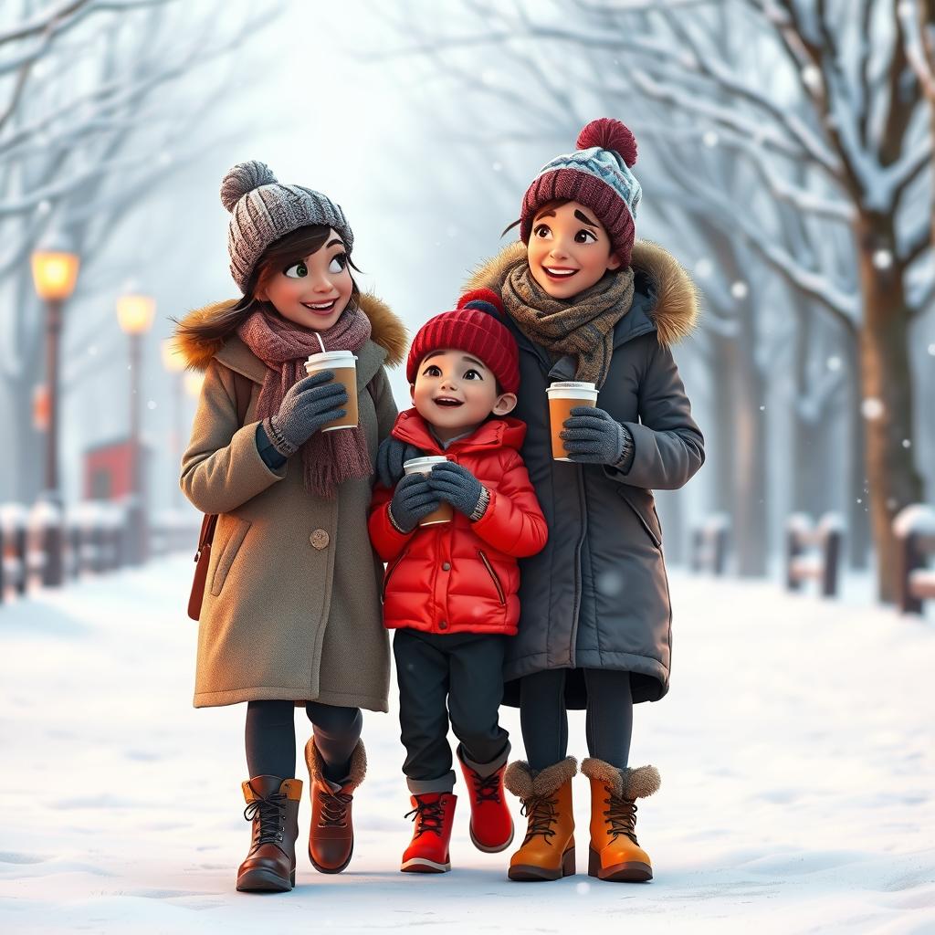 A sweet winter-themed Disney Pixar-style scene featuring a 35-year-old mom and her fashion-forward 10-year-old son walking through a snowy park