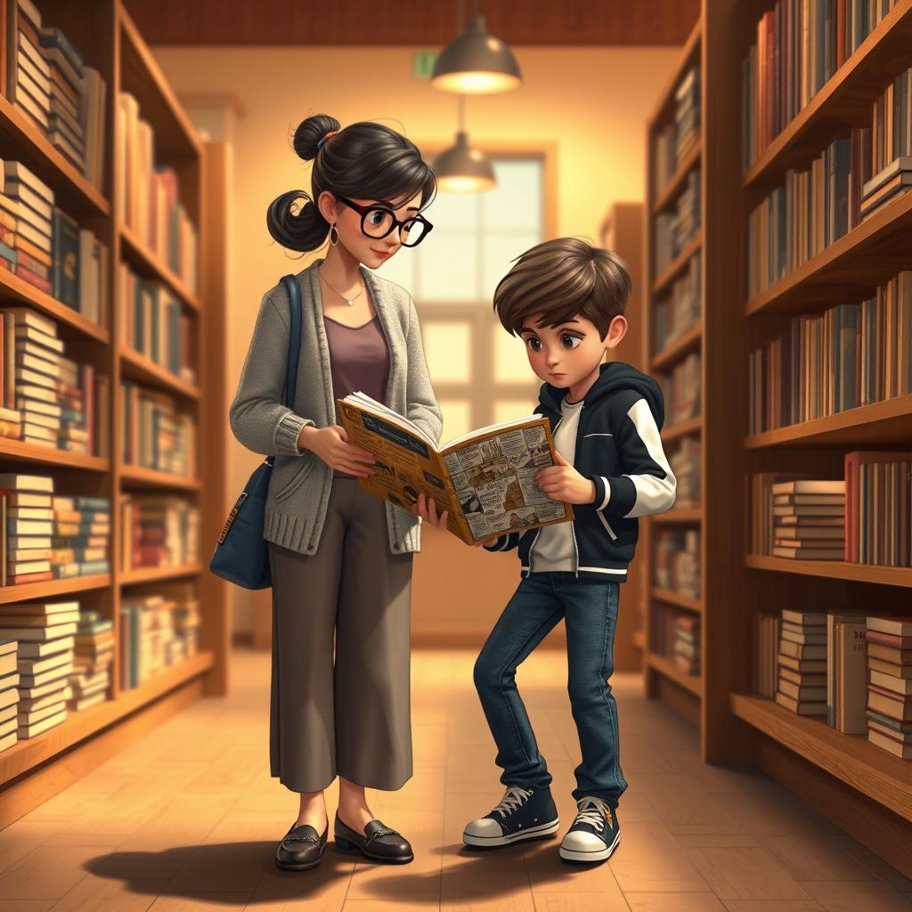 A quiet, artistic Disney Pixar-style scene depicting a 35-year-old mom and her 10-year-old son browsing books in a cozy, animated bookstore