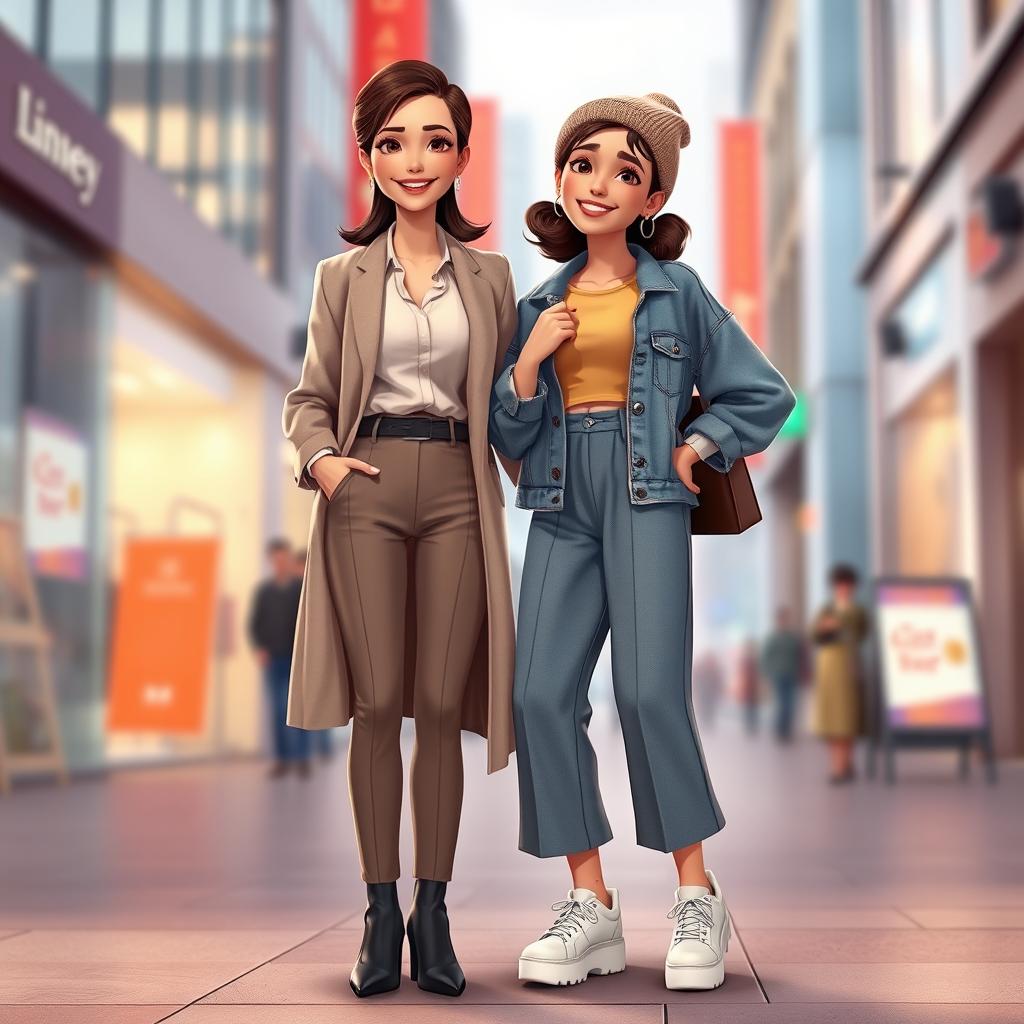 A Disney Pixar-style illustration capturing a fashionable 40-year-old mother and her confident 15-year-old daughter standing together, radiating a loving and supportive vibe