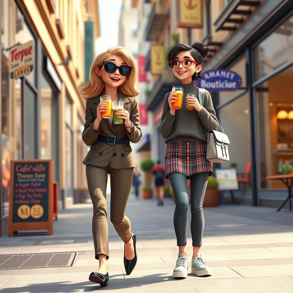 A vibrant Disney Pixar-style scene depicting a stylish 40-year-old mom and her 15-year-old daughter strolling through a trendy downtown district