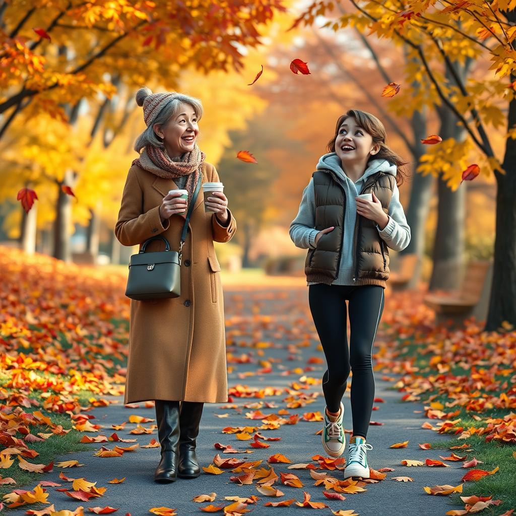 A cozy, stylish autumn scene in Disney Pixar style featuring a 40-year-old mother and her fashionable 15-year-old daughter walking through a picturesque park carpeted with colorful fall leaves