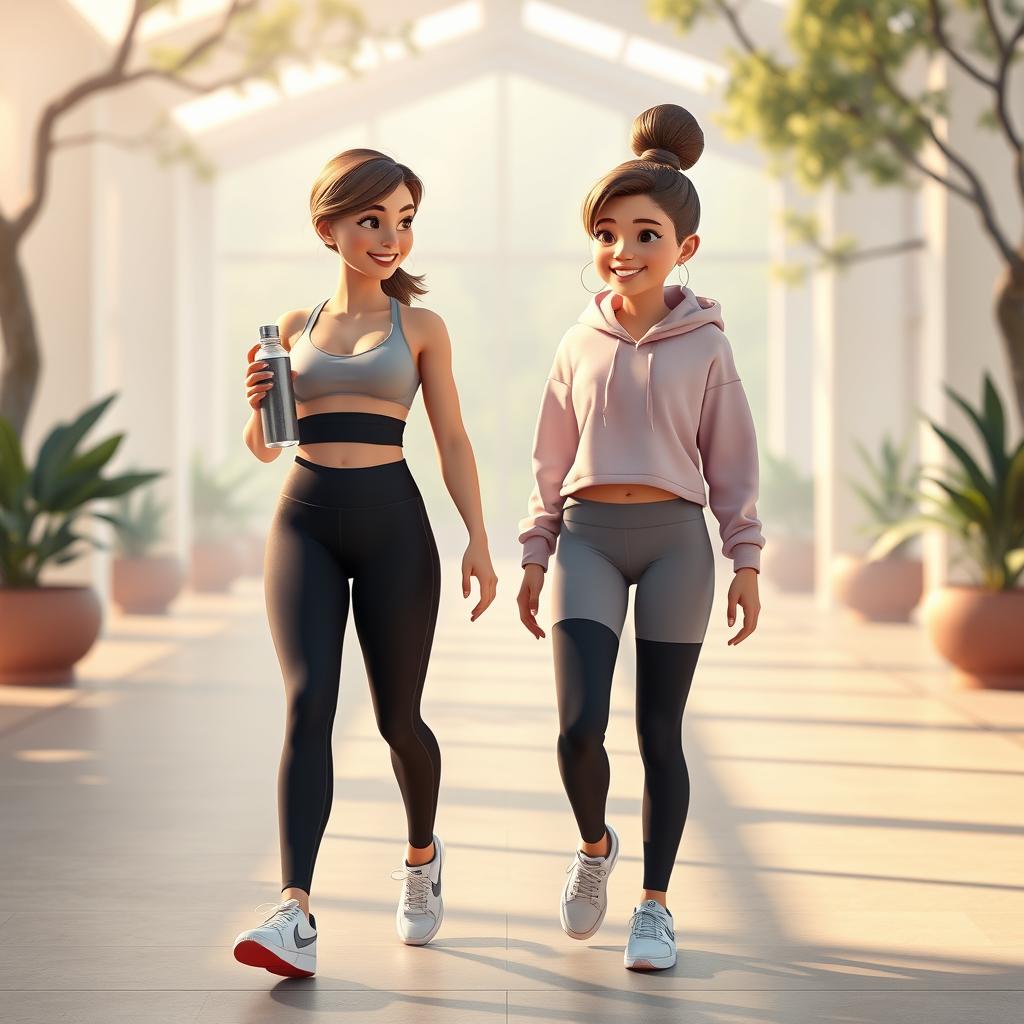 A calm and stylish Disney Pixar-style scene featuring a 40-year-old mother and her 15-year-old daughter in matching athleisure outfits after a rejuvenating yoga session