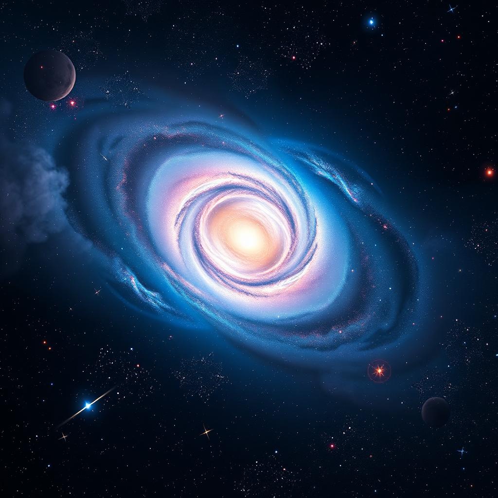A breathtaking visualization of the universe's vastness, showcasing a cosmic scene that includes swirling galaxies, bright nebulae, clusters of stars, and the infinite expanse of space