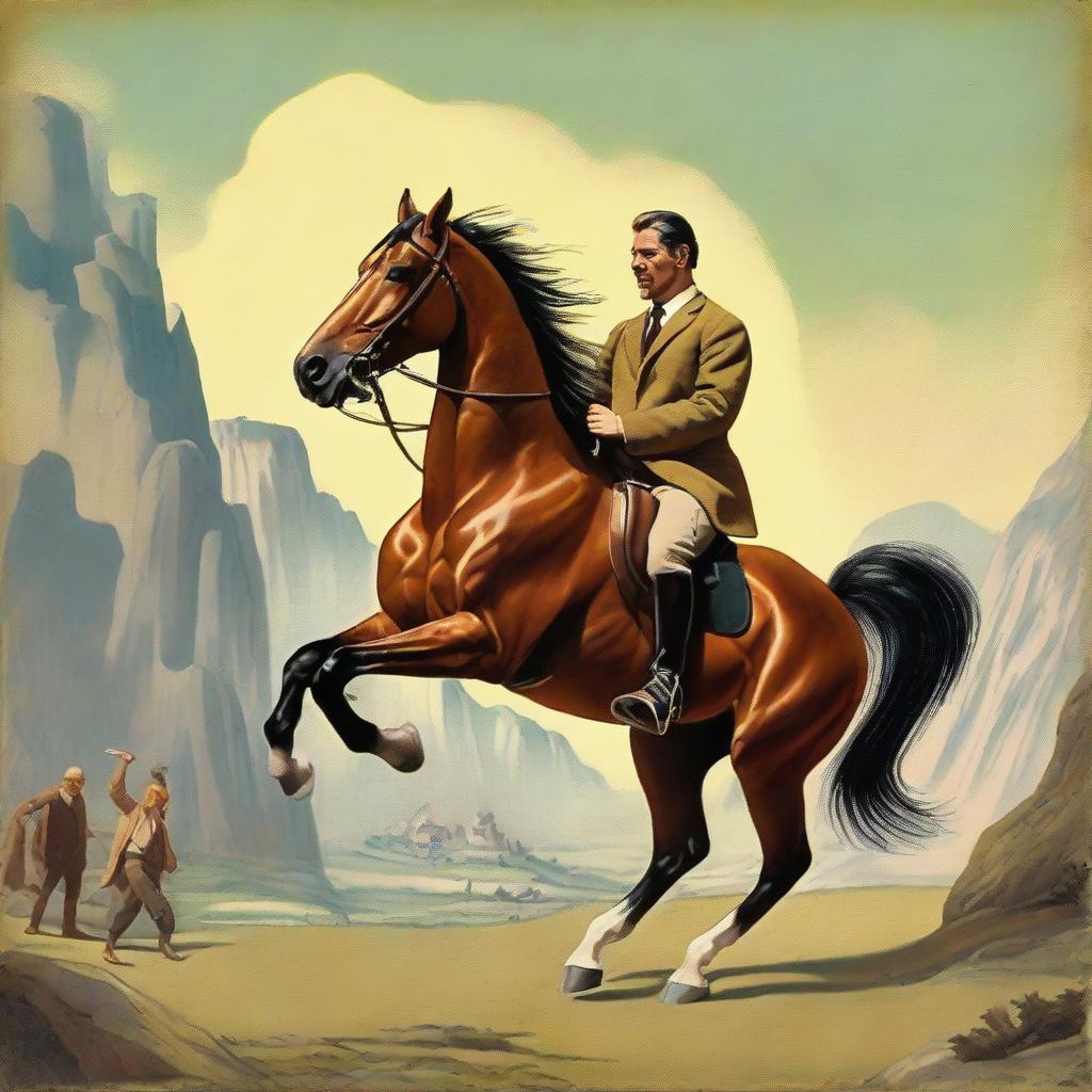 An adjustment to the previous scene: A horse humorously and skillfully riding a man, situated within a surreal backdrop.