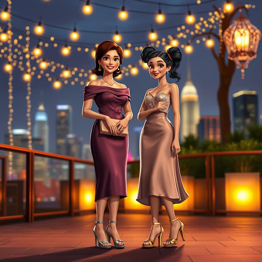 A glowing evening scene in Disney Pixar style featuring a 40-year-old mother and her stylish 15-year-old daughter dressed elegantly for a special night out