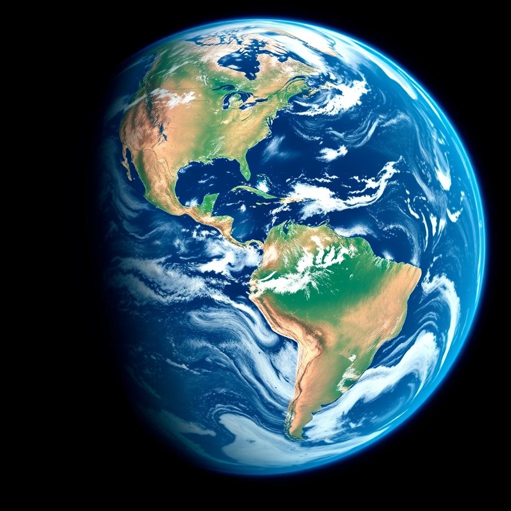 A breathtaking view of the Earth from space, showcasing vibrant landscapes in shades of blue, brown, and gray, with striking contrasts and textures that highlight mountains, oceans, and deserts