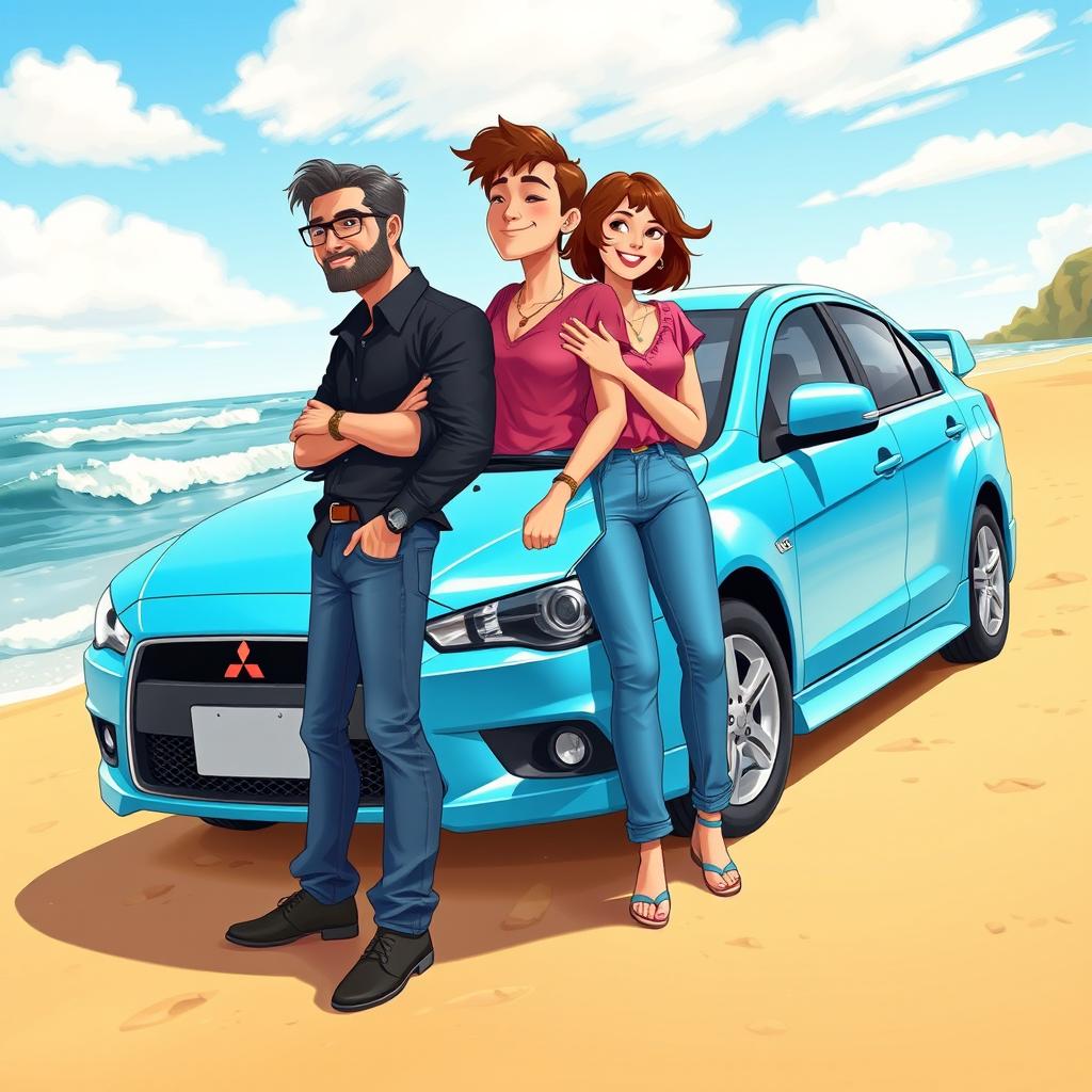 A 2D cartoon style illustration of a Mitsubishi Lancer CK1 model in a vibrant sky blue color