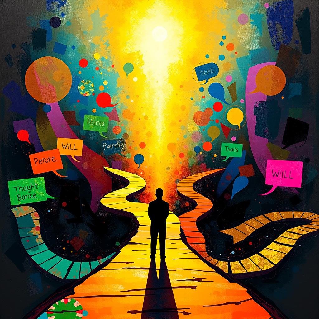 A philosophical representation of free will, featuring a human silhouette standing at a crossroads with various paths branching out in different directions, symbolizing choices