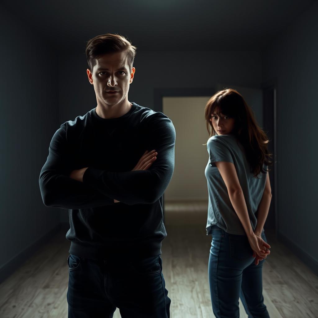 A dramatic scene inside an empty, dimly lit house