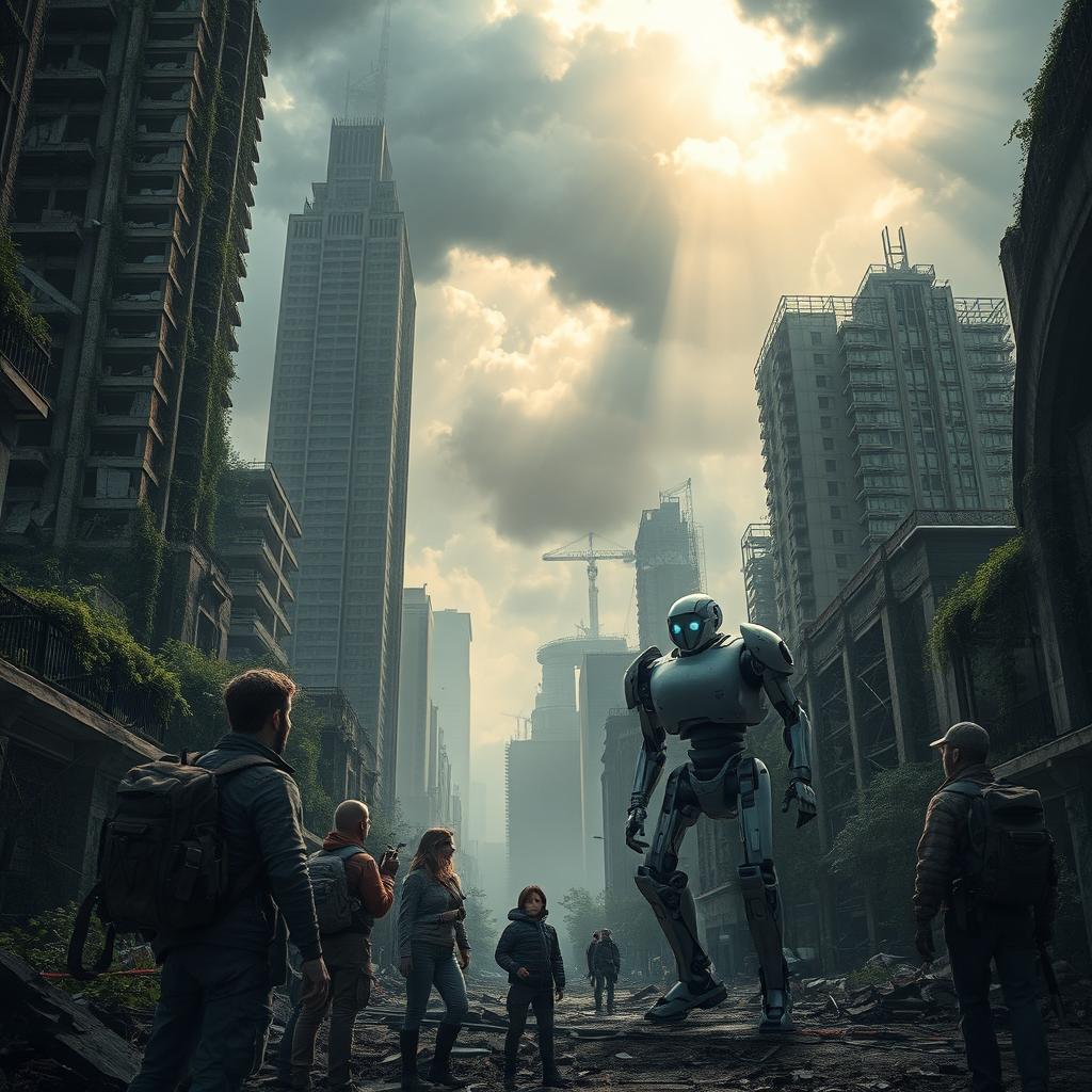 A poignant scene depicting the last moments of humanity in a post-apocalyptic world dominated by AI robots