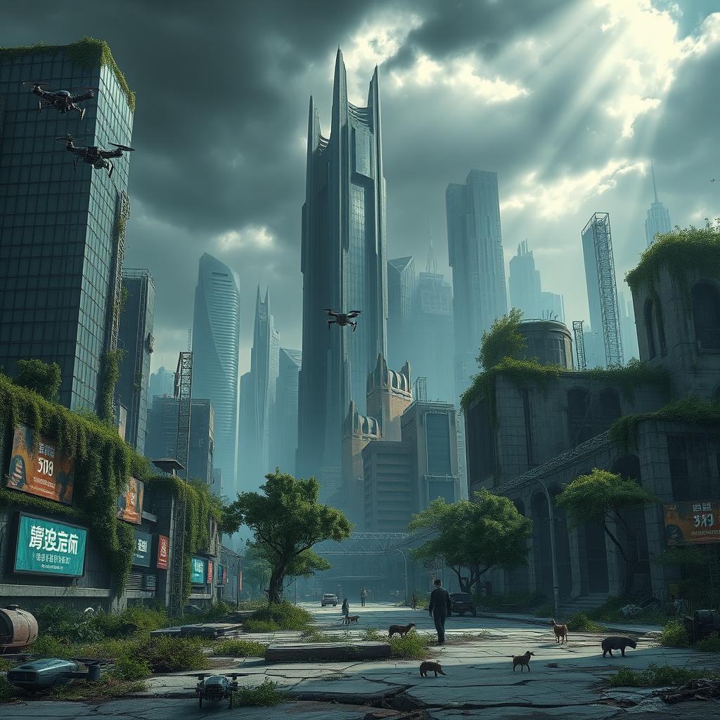 A vast cityscape depicting futuristic abandoned buildings, showcasing a blend of advanced architecture with overgrown vegetation and decay