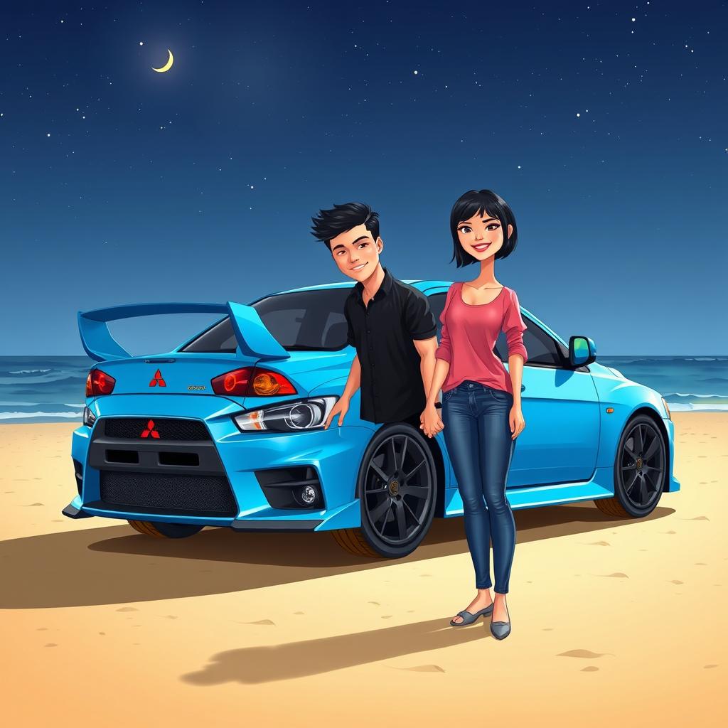 A 2D cartoon illustration of a Mitsubishi Lancer Evo X car in a vibrant sky blue color, parked on a beach at night