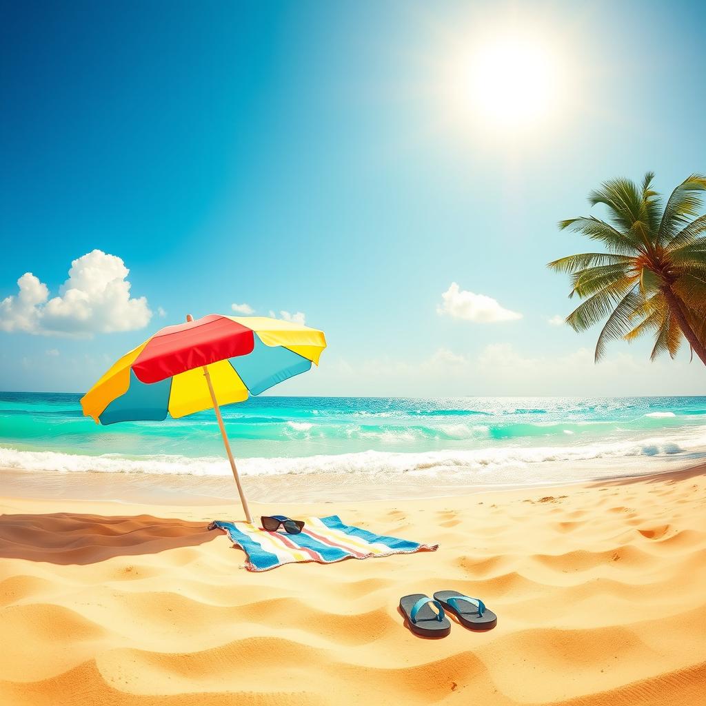 A breathtaking first view of entering a vibrant beach by the ocean, featuring soft golden sands and gentle turquoise waves lapping at the shore