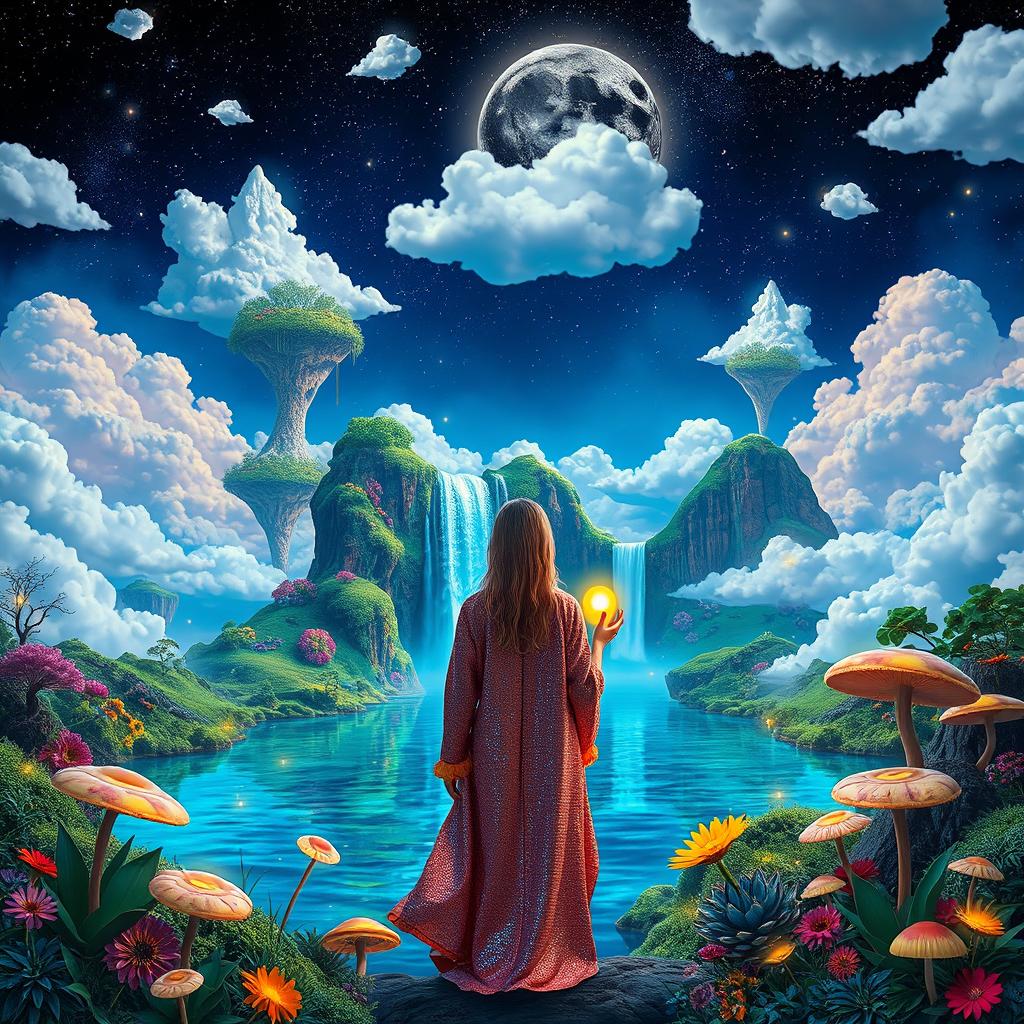 A surreal dreamscape featuring a vibrant and colorful landscape, with floating islands surrounded by fluffy clouds and a starry night sky