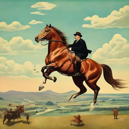 An adjustment to the previous scene: A horse humorously and skillfully riding a man, situated within a surreal backdrop.