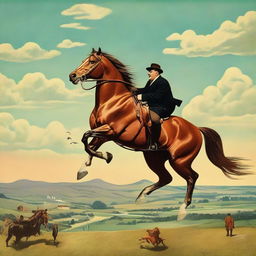 An adjustment to the previous scene: A horse humorously and skillfully riding a man, situated within a surreal backdrop.