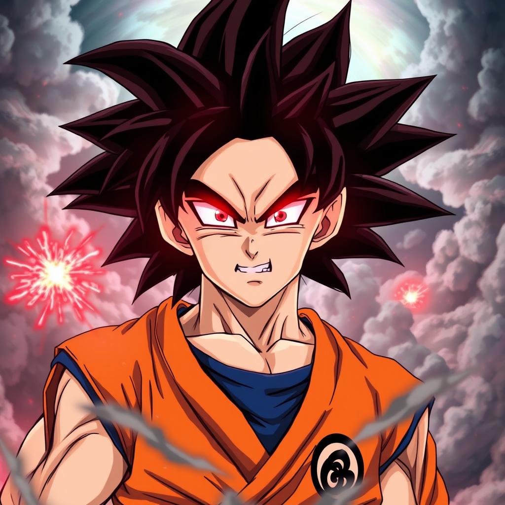 A dynamic and powerful image of Saiyan Goku, depicted with striking vampire eyes that glow with an eerie red light