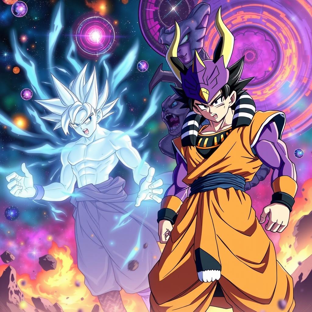 An epic scene depicting the last battle of gods, featuring Goku and Beerus in a cosmic arena filled with vibrant energy and swirling galaxies