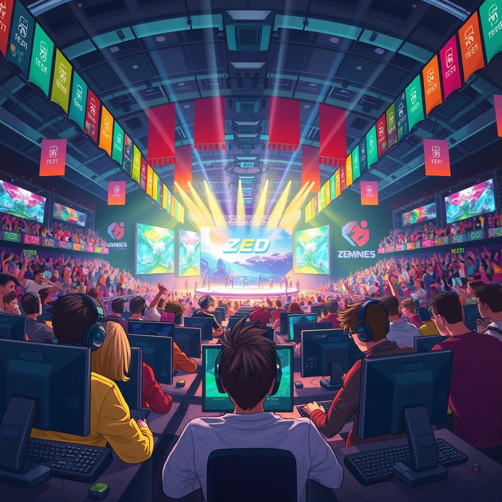 An elaborate illustration depicting the Zed Championship, a vibrant esports competition