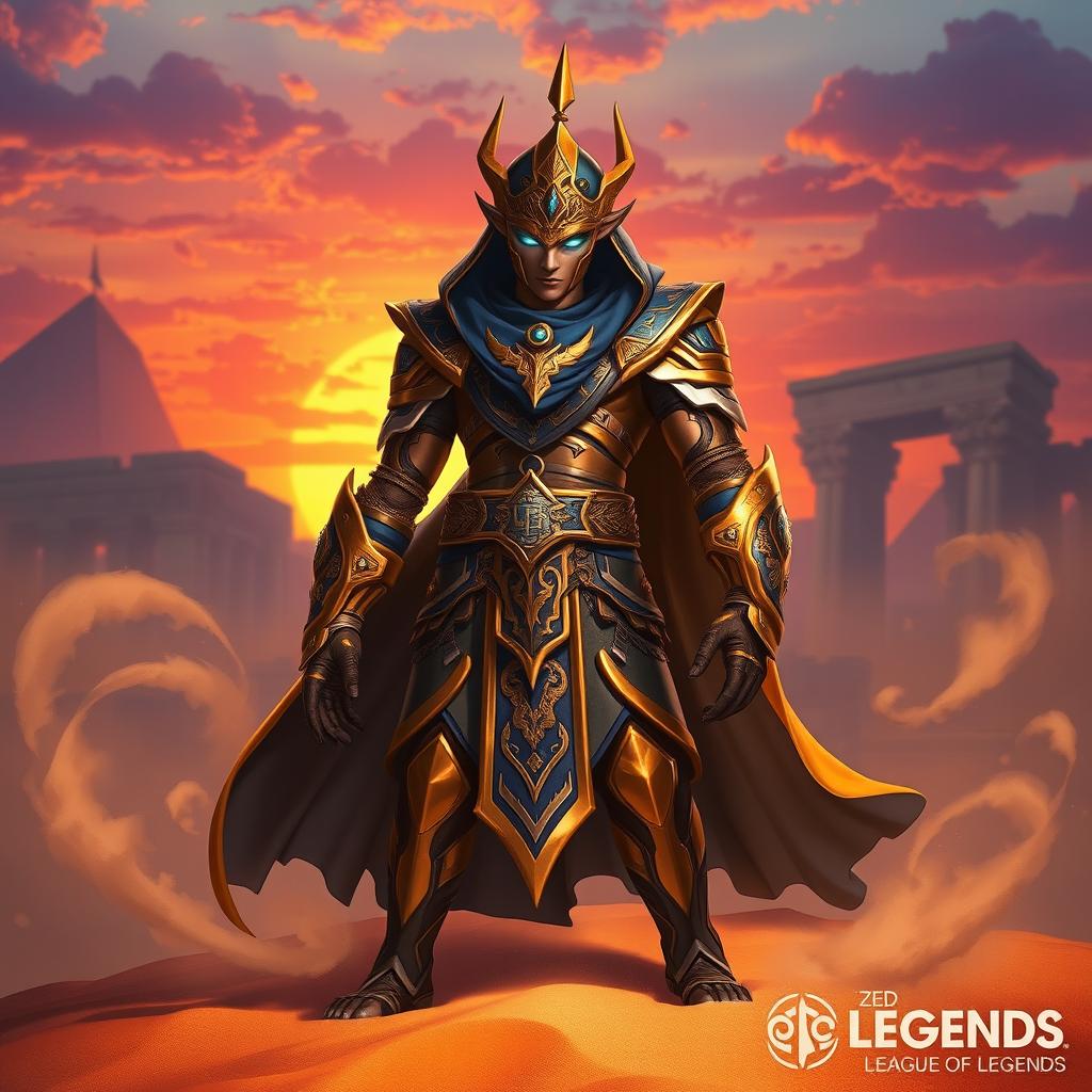 A majestic scene featuring the Sand Prince Zed, an elegant and fierce character from League of Legends