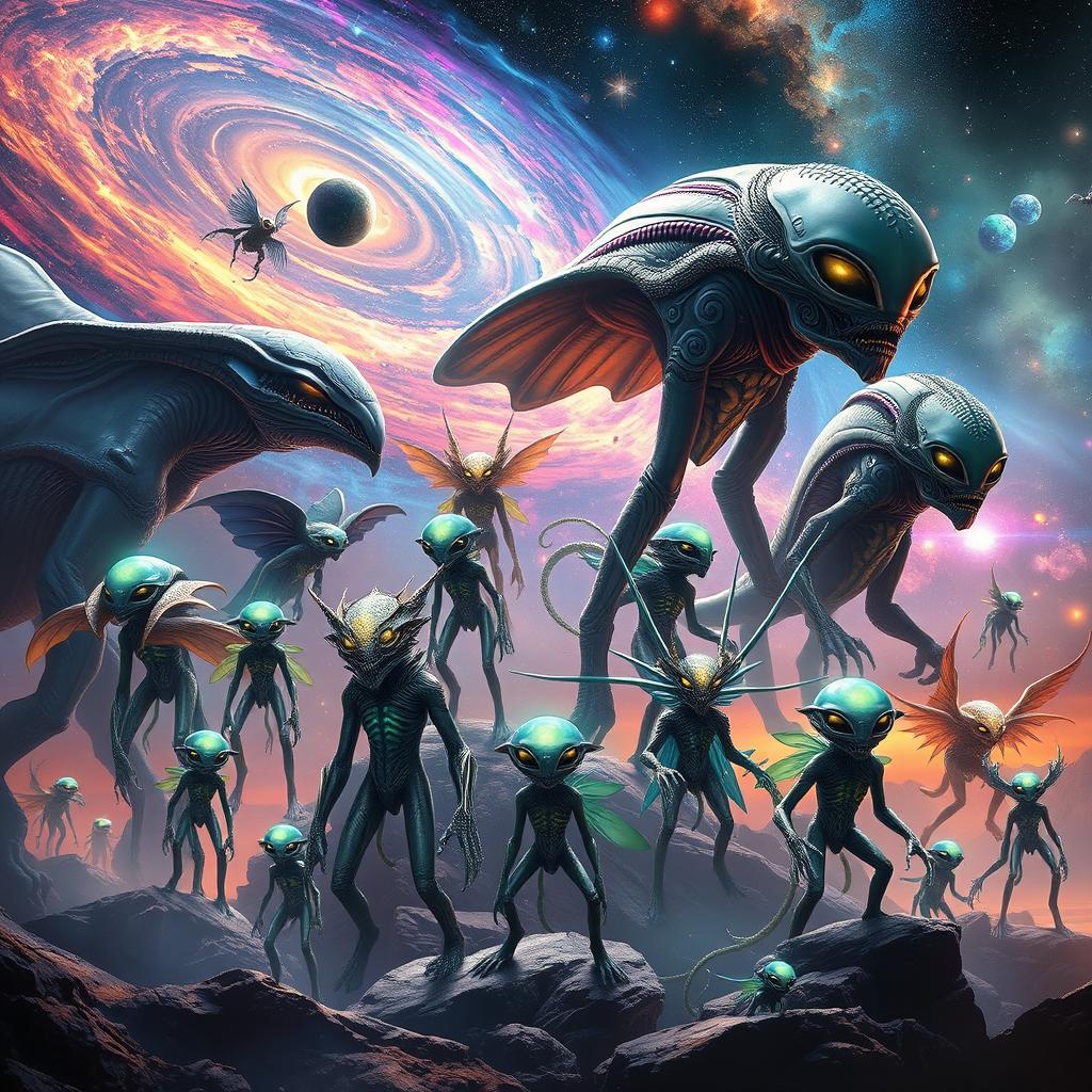 A stunning scene depicting the most advanced life forms in the universe, showcasing various extraterrestrial beings with unique physical features and glowing bioluminescent patterns