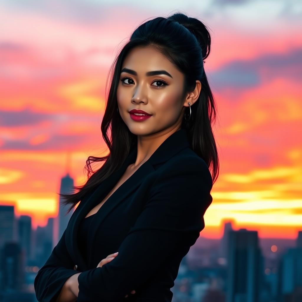 A confident young woman in a sleek, stylish black suit with a modern cut, standing against a vibrant city skyline at sunset