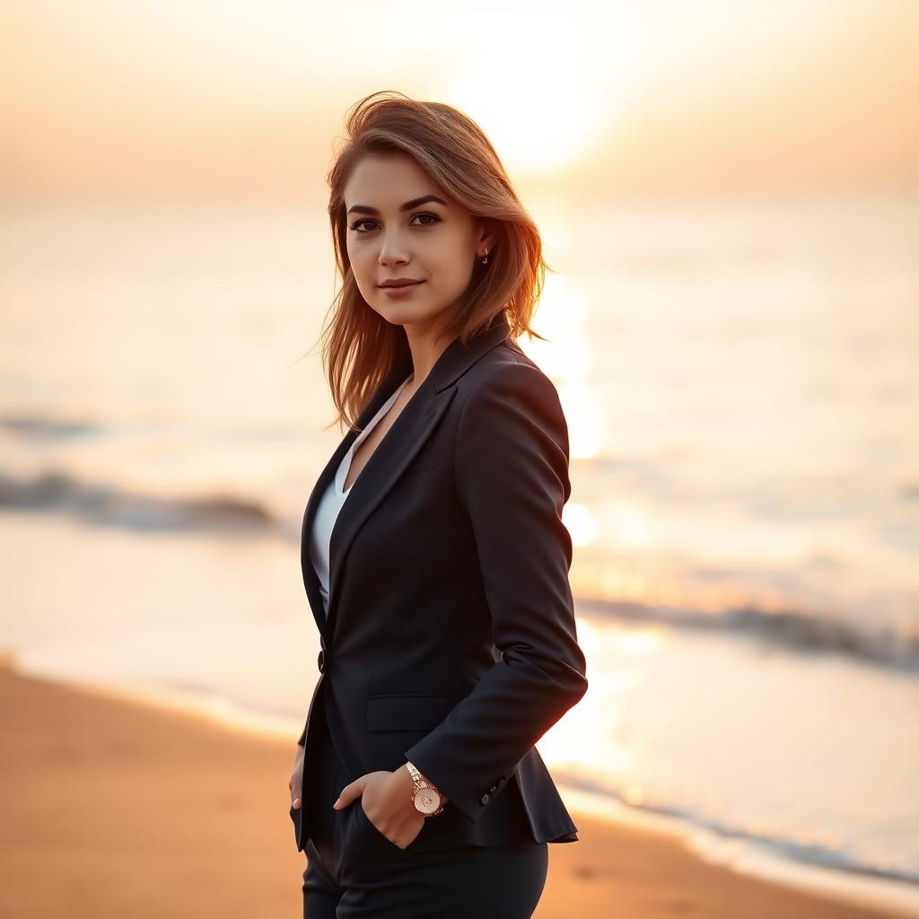 A confident young woman in a tailored navy blue suit with a contemporary fit, standing in front of a tranquil beach at sunrise