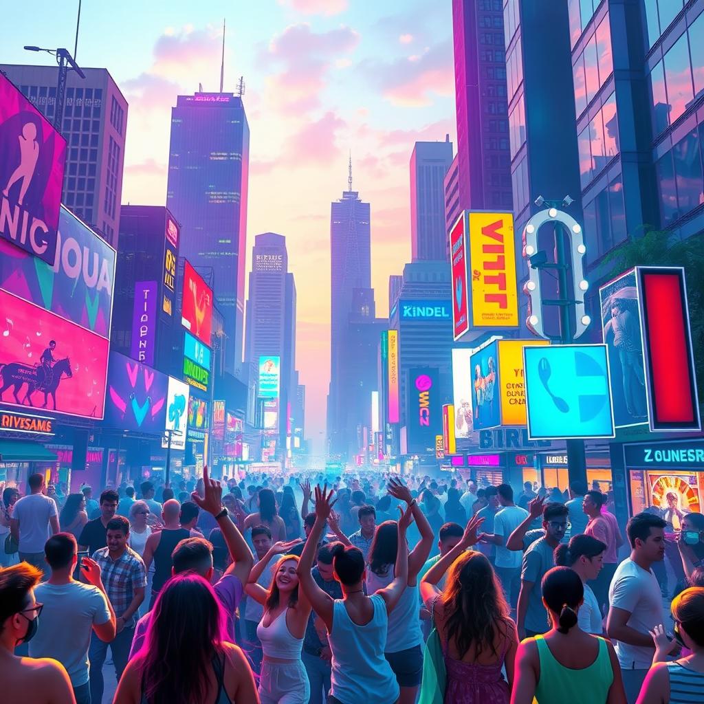 A vibrant cityscape depicting a lively urban environment bathed in neon colors, inspired by the energy of Zivert's music
