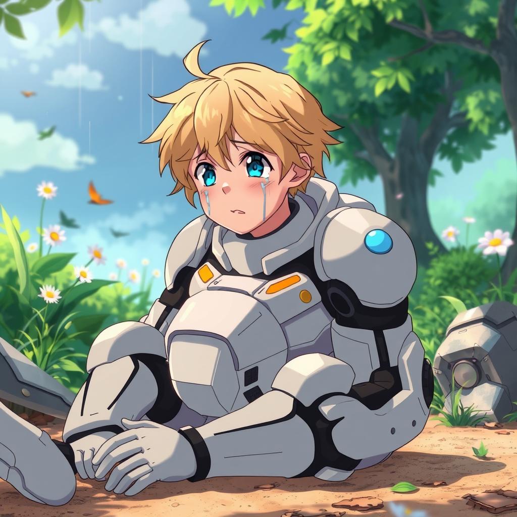 A man with blond hair and blue eyes, wearing a futuristic exoskeleton suit, is sitting on the ground with tears streaming down his face
