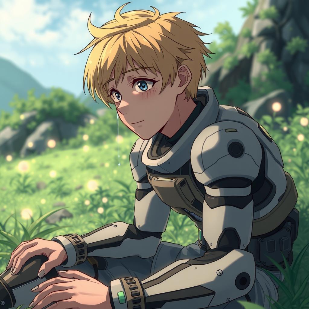 A man with blond hair and blue eyes, wearing a high-tech exoskeleton, sitting on the ground with tears streaming down his face