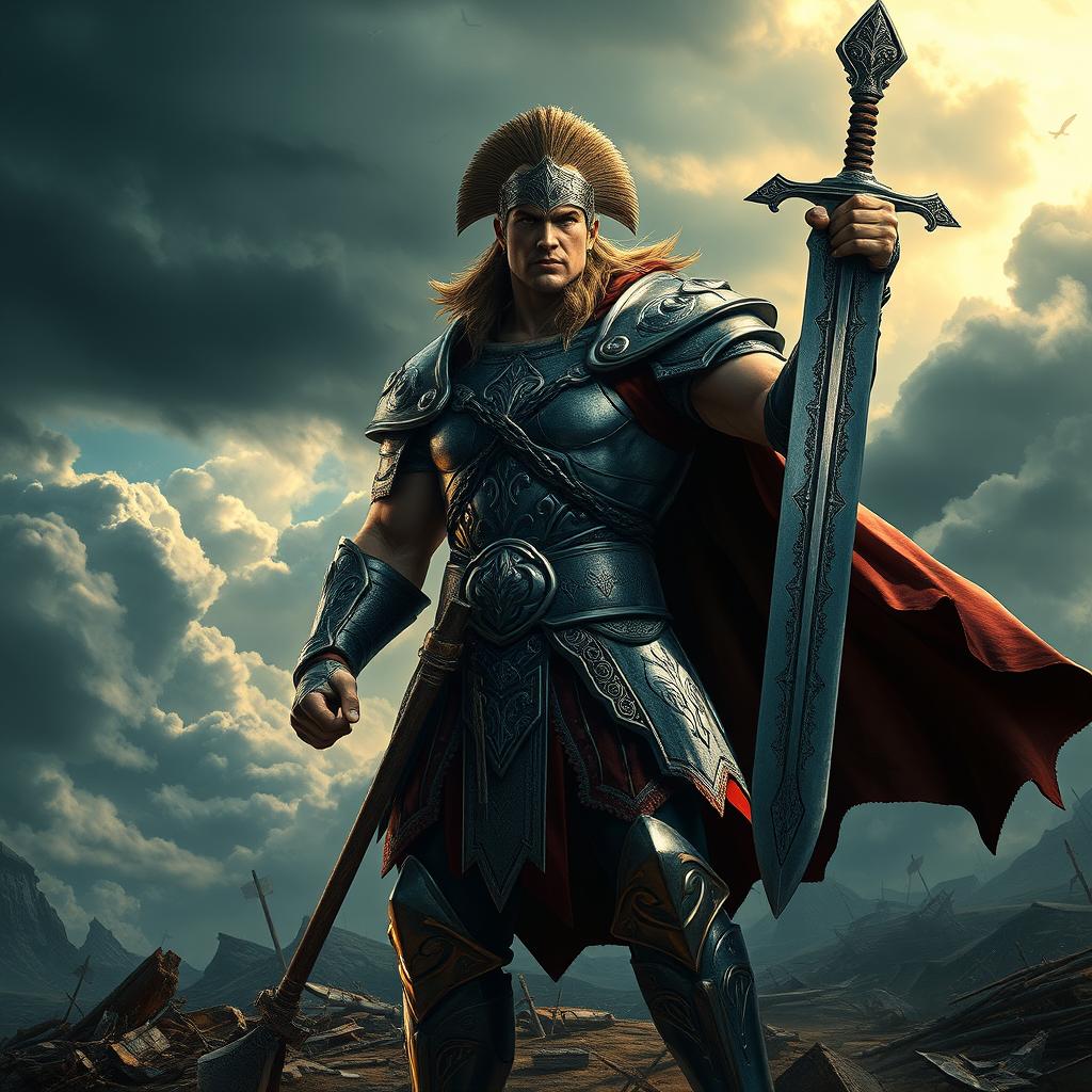 A powerful and resolute warrior standing tall on a battlefield, clad in intricately designed armor that reflects the light with a metallic sheen