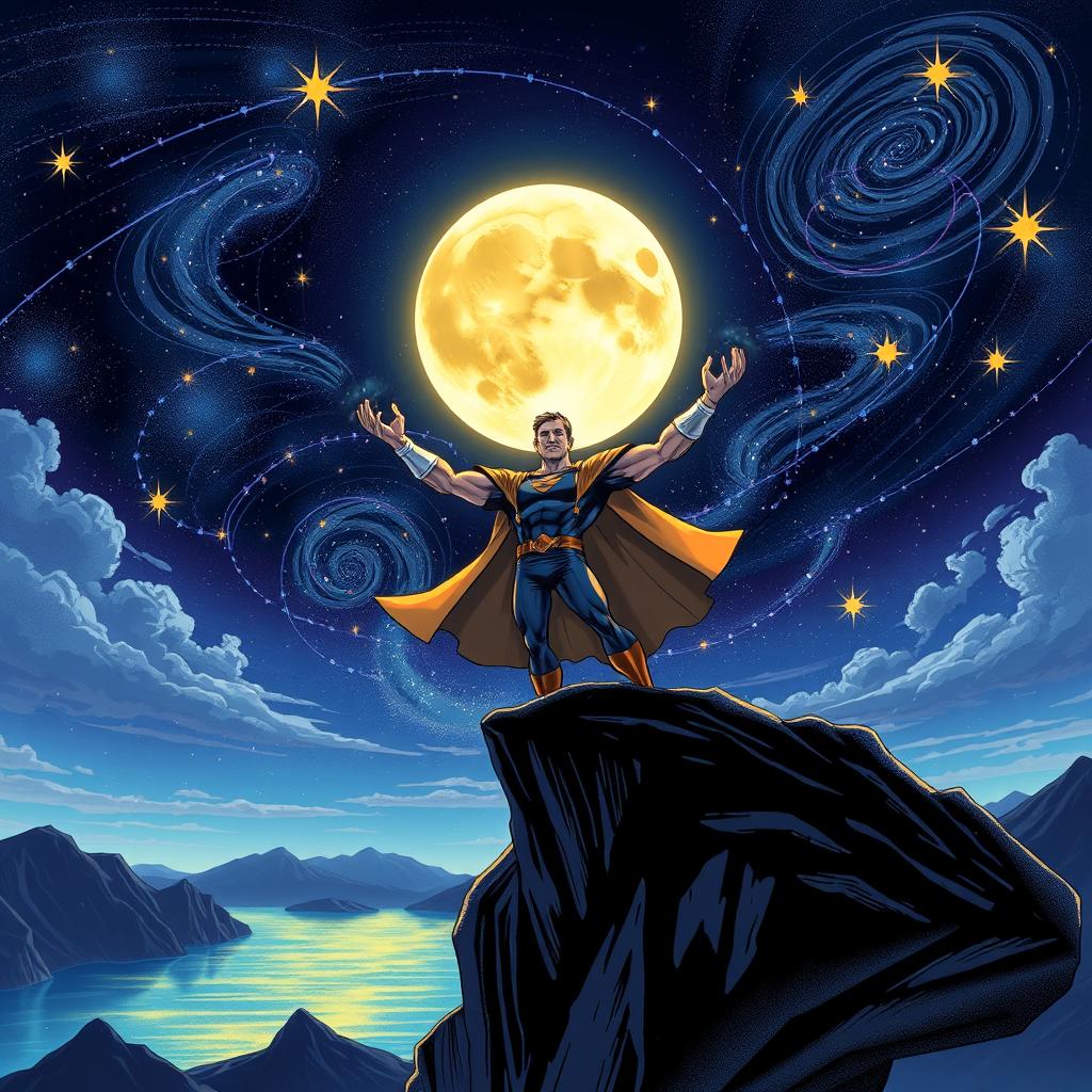 An illustration of a powerful figure, Almighty Bruce, standing on a cliff under a sprawling night sky, using his hands to magically enlarge the full moon