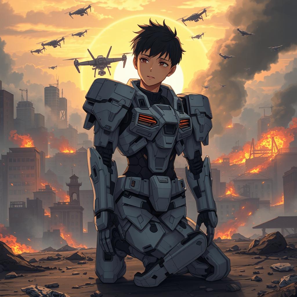 A young man in his 20s, wearing an intricate Gundam-inspired exoskeleton, kneeling on the ground and crying