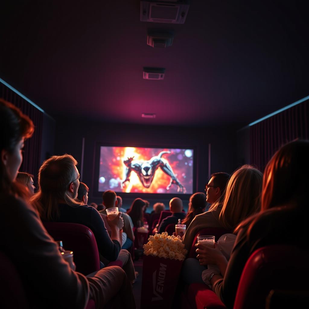A vibrant and dynamic scene capturing a group of friends watching the movie Venom in a dark cinema