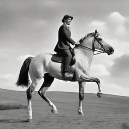 An adjustment to the previous scene: A horse humorously and skillfully riding a man, situated within a surreal backdrop.