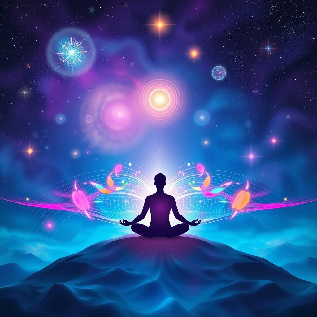 A mystical scene representing the concept of divine frequency, illustrated with vibrant waves of light and sound emanating from a celestial source