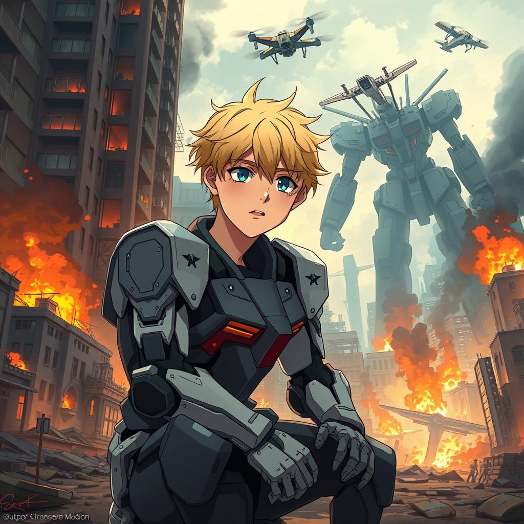 A young man in his 20s, with blond hair and blue eyes, wearing a Gundam inspired exoskeleton